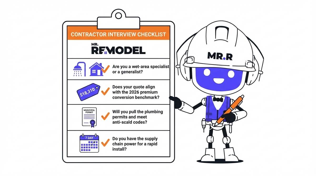 An interview checklist infographic detailing the four essential questions homeowners must ask 2026 bathroom remodelers, covering specialist roles, $18,310 price benchmarks, permit requirements, and rapid timelines.